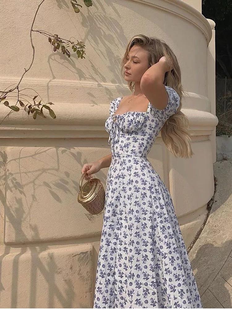 Vestido Largo Blanco Flores Azules con Manga Corta – Addicting