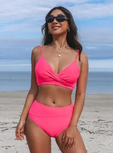 Bikini Cintura Alta Cruzado Rosa Neón