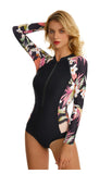 Monokini Negro Manga Larga Flores Hawaiianas