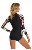 Monokini Negro Manga Larga Flores Hawaiianas