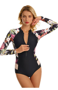 Monokini Negro Manga Larga Flores Hawaiianas