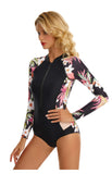 Monokini Negro Manga Larga Flores Hawaiianas