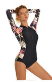 Monokini Negro Manga Larga Flores Hawaiianas