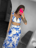 Vestido Playero Falda y Top Blanco Rosas Azules