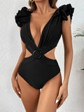 Monokini Negro Escote Cruzado Argolla