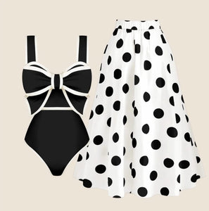 Conjunto Monokini Negro con Moña y Falda Blanca Puntos