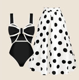 Conjunto Monokini Negro con Moña y Falda Blanca Puntos