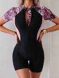 Monokini manga corta short largo flores moradas