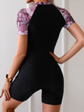 Monokini manga corta short largo flores moradas