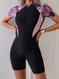 Monokini manga corta short largo flores moradas