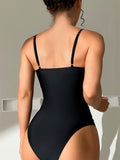 Monokini Negro Escote en V Malla en Abdomen