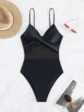 Monokini Negro Escote en V Malla en Abdomen