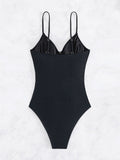 Monokini Negro Escote en V Malla en Abdomen