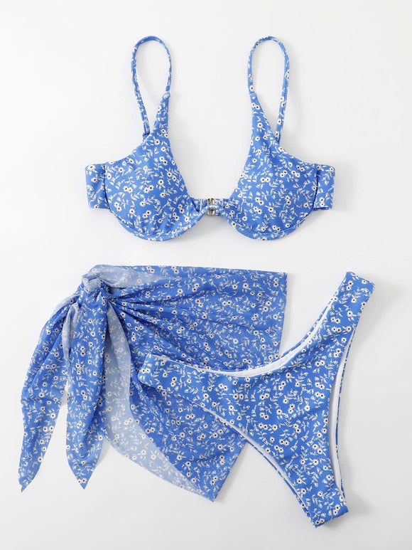 Conjunto Bikini Cintura Baja Azul con Faldita Flores