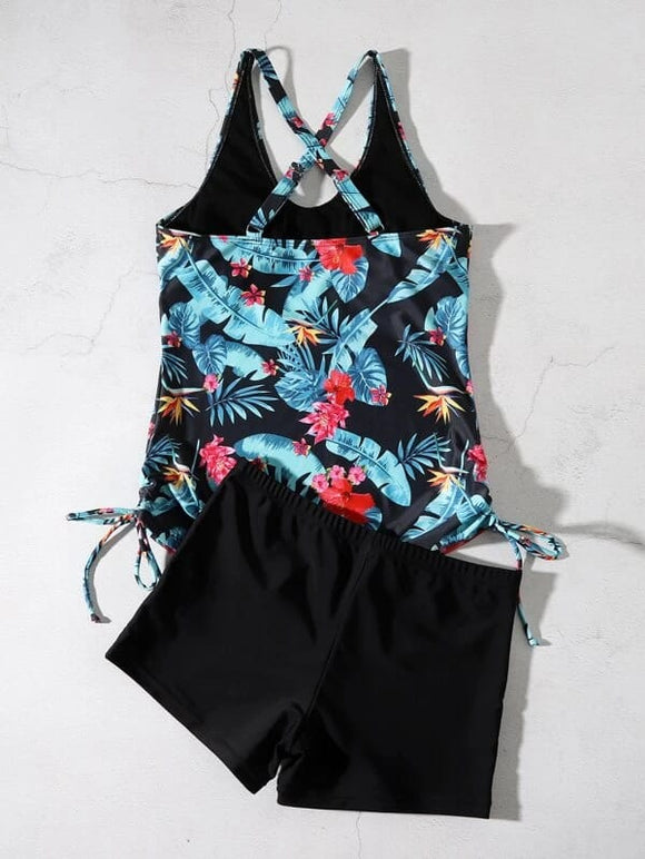 Tankini Camiseta Tirantes Floreado Short Negro