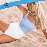Monokini Un Hombro Celeste y Blanco