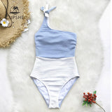 Monokini Un Hombro Celeste y Blanco
