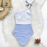 Monokini Un Hombro Celeste y Blanco