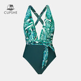 Monokini Escotado En V Verde con Hojas (Oferta)