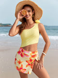 Bikini blusa un hombro flor con falda amarillo