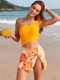 Bikini blusa un hombro flor con falda naranja