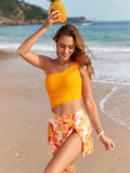 Bikini blusa un hombro flor con falda naranja