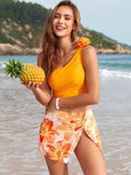 Bikini blusa un hombro flor con falda naranja