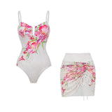 Conjunto Monokini y falda blanco flores rosa