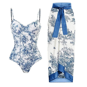 Conjunto Monokini con Falda Blanco con Azul