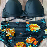 Bikini Cintura Alta Negro Flores Naranja push up