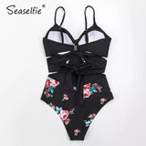 Monokini Cruzado Negro con Flores Rojas