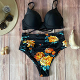 Bikini Cintura Alta Negro Flores Naranja push up