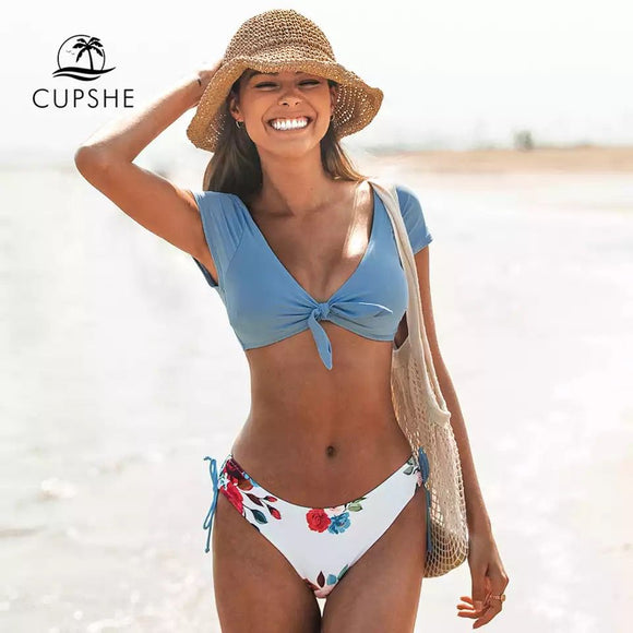 Bikini Cintura Baja Blanco Blusa Celeste