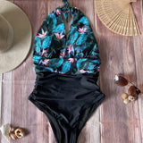 Monokini Negro con Flores Espalda Escotada