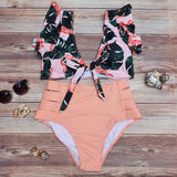 Bikini Cintura Alta Abierto Peach Top Vuelos con Hojas