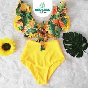 Bikini cintura alta blusa vuelos con amarre Amarillo