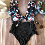 Bikini cintura alta abierto Negro blusa vuelos negro flores