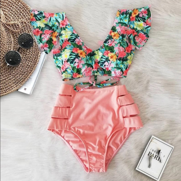 Bikini cintura alta abierto, blusa vuelos Rosa floral