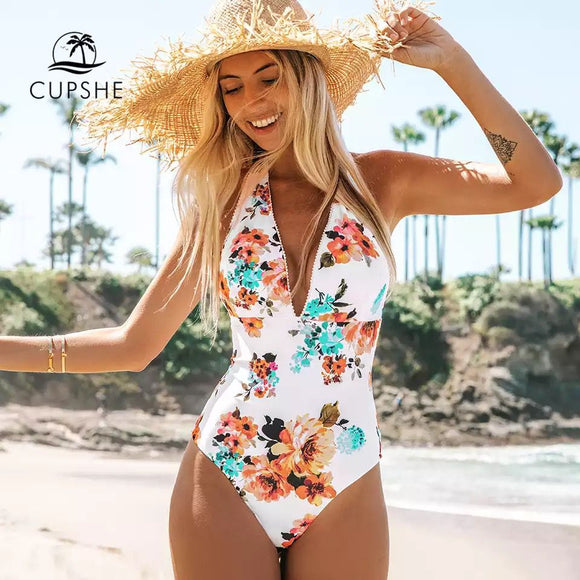 Monokini Blanco Floreado Escote Cruzado