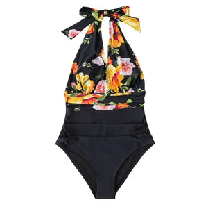 Monokini Negro Flores Naranjas Cruzado