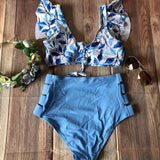 Bikini cintura alta abierto con Hojas Celeste y Azul