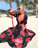 Vestido Playero Negro con Rosas manga larga