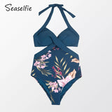 Monokini Azul Cruce Frontal Cuello en V Floreado