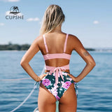 Bikini Cintura Alta Floral Top Cruzado Rosado