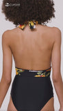 Monokini Negro Flores Naranjas Cruzado