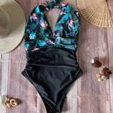 Monokini Negro con Flores Espalda Escotada