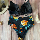 Bikini Cintura Alta Negro Flores Naranja push up