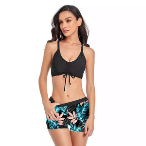 Tankini Top Negro y Short Hojas Verdes Rosa
