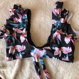 Bikini cintura alta abierto Negro blusa vuelos negro flores