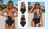 Monokini Negro Flores Naranjas Cruzado